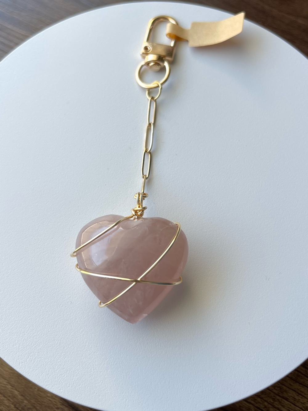 Rose Quartz Heart Bag Charm Gold Pink